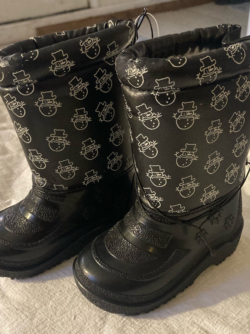 Kids Black Snow Boots with Playful Snowman Pattern